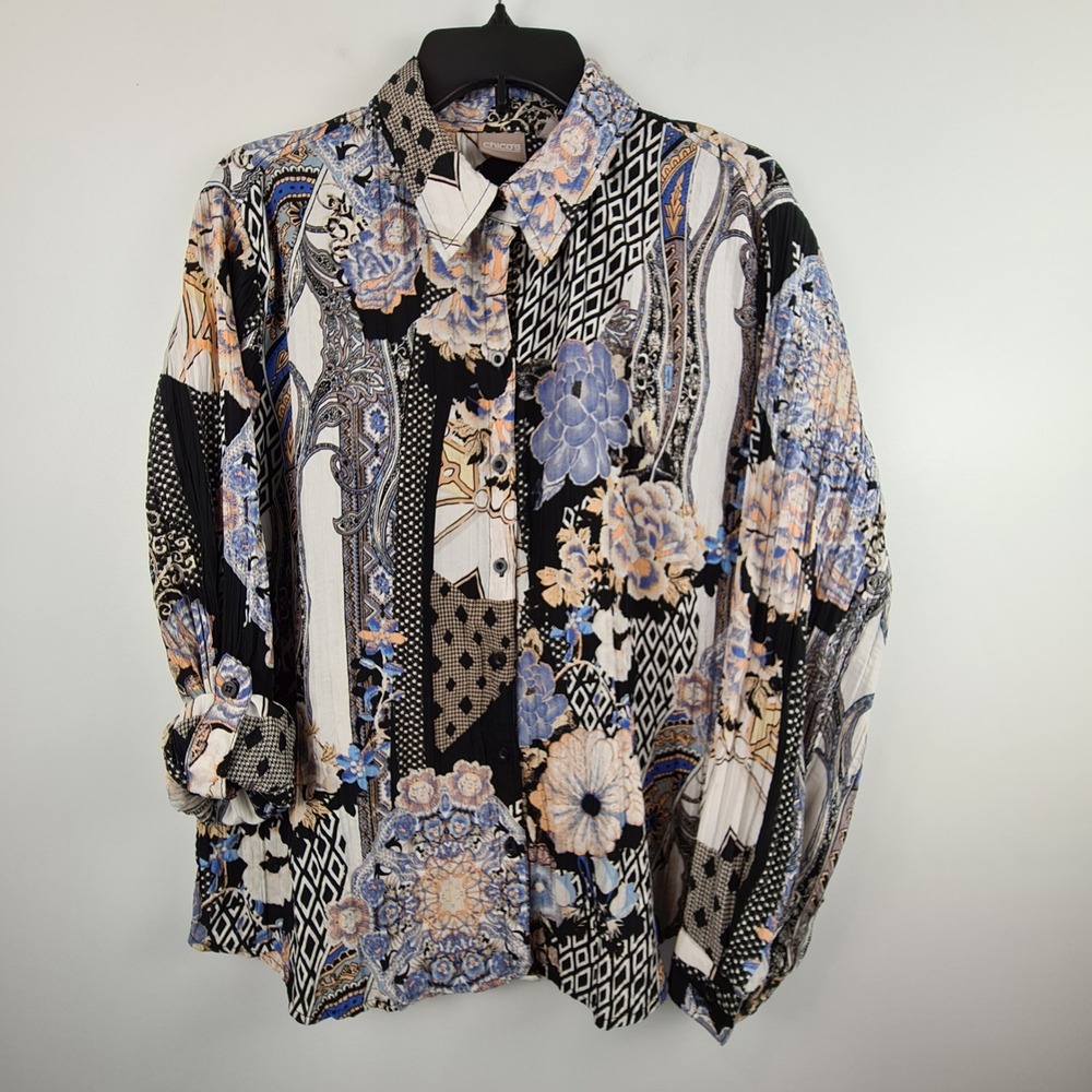 Chicos Women 2 Large Button Down Shirt Paisley Floral Crinkle Mixed Print Black